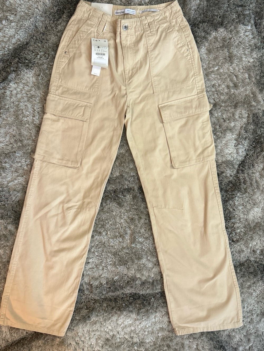 Bershka Beige Cargo Trousers with Utility Pockets